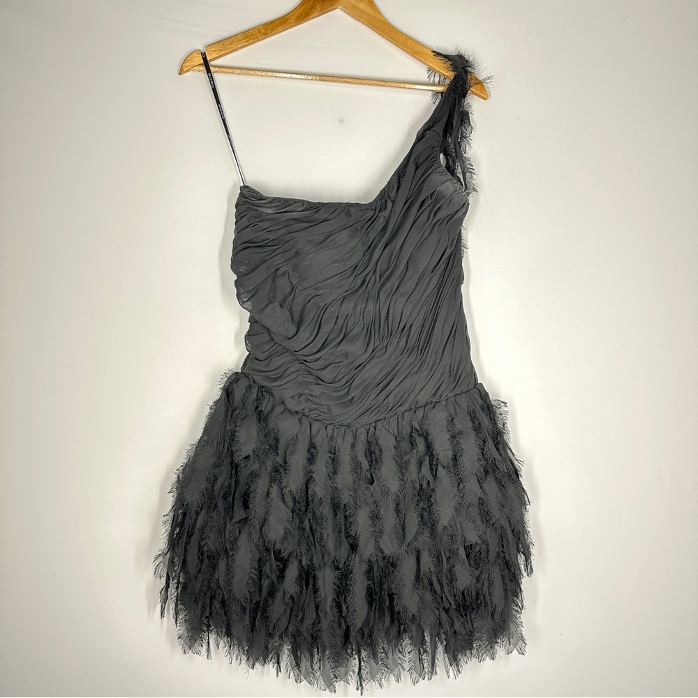 bebe Black One-Shoulder Feather-Trim Mini Dress